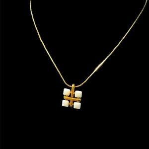 Crown Trifari Gold and White Milk Glass Pendant Necklace